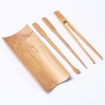 雕刻梅花竹制茶則茶扒茶夾茶針四件套茶勺日式茶荷功夫茶道配件