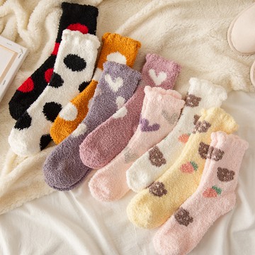 大唐襪業 D643冬天襪子女中筒襪愛心日係可愛家居珊瑚絨襪秋冬季加絨加厚地板襪