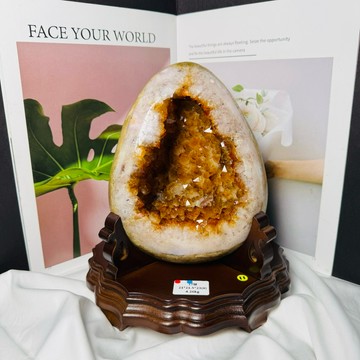 漂亮神奇寶貝蛋🦖拋光石皮 黃水晶恐龍蛋晶洞 ESPa+✨17號4.26kg❤️口寬洞深 黃水晶洞 晶洞 水晶洞A3358