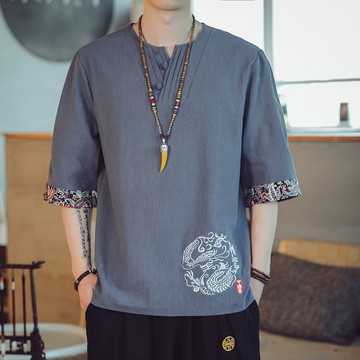 亞麻短袖t恤男中國風男裝唐裝半袖體恤中式復古改良漢服棉麻上衣