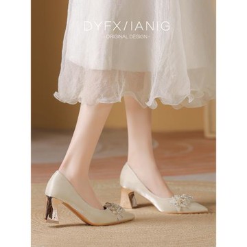 主婚紗婚鞋新娘鞋晚晚風溫柔高跟粗跟單鞋女2024新款伴娘鞋不累腳