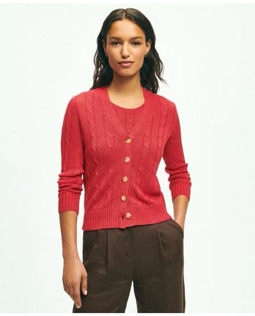 Brooks Brothers Women's Cable Knit Cardigan In Linen Sweater | Medium Red | Size Large