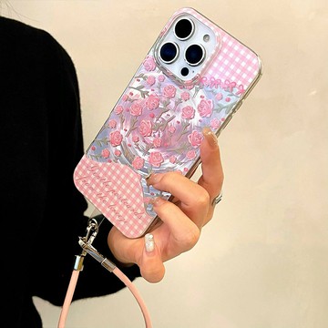免運 公司貨 保護殼 格紋花朵適用iphone17promax手機殼 女款高級感蘋果16保護套掛繩15 HZGZ01191