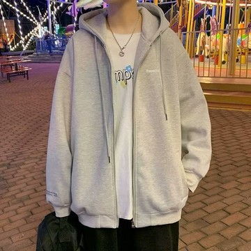 【台灣出貨】衛衣男秋冬加絨加厚美式復古設計感小眾港風開衫寬鬆運動外套潮牌灰色開衫外套薄款外套連帽衛衣帽t男