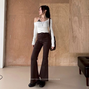 【質感訂製款】DOMISS咖色 顯瘦 喇叭褲 高彈挺版型 韓系 氣質 長褲 (現貨)