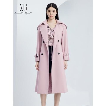 XG/雪歌XJ308002A216粉色翻領長款風衣時尚秋季新款雙排扣外套女