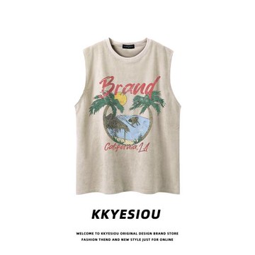 KKyesiou美式復古休閑印花坎肩背心男女麂皮絨潮牌ins情侶汗衫T恤