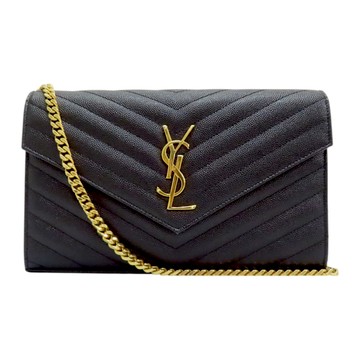 【二手名牌BRAND OFF】SAINT LAURENT YSL 聖羅蘭 黑色 山形紋 皮革 WOC 肩背包