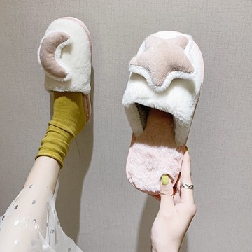 日系甜美平底毛絨拖鞋女秋季新款星星包頭半拖舒適棉拖鞋居家