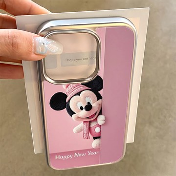 免運+隔日🚚電鍍鐳雕手機殼 粉新年米奇 適用於蘋果17promax 16Pro 15plus14 13 12 11防摔