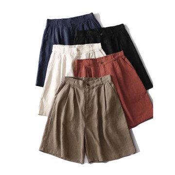 日系純色亞麻短褲女夏季高腰休閑闊腿褲亞麻五分褲百搭薄款直筒褲