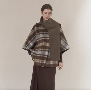 法式極簡 羊駝羊毛格紋 圍巾毛外套 雙面穿