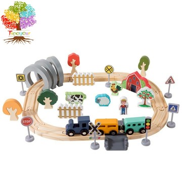 【樹年】兒童42件仿真軌道小火車農場主題動物情景模擬場景益智木質玩具