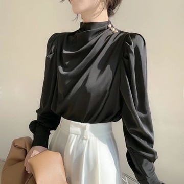 品牌折扣歐洲尾貨女裝黑色襯衫女春秋設計感小眾港風職業輕熟襯衣