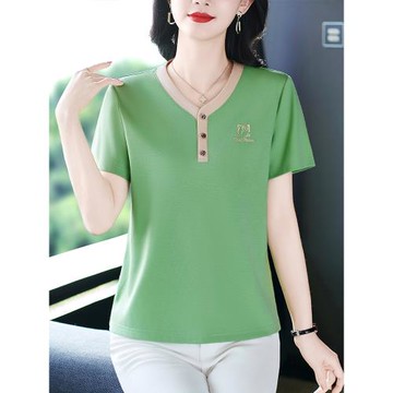 天絲短袖正肩t恤女2025年新款夏裝精致中年媽媽大碼上衣V領體恤衫