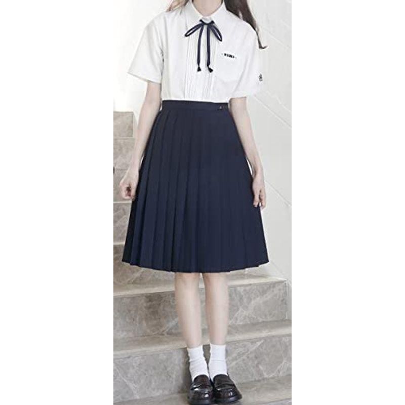 制服 スカート 膝上 60CM丈 紺 無地 ライン ハイウエスト プリーツ 