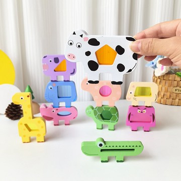 幼兒童早教玩具 動物高塔疊疊樂 寶貝動手專注能力訓練 桌面遊戲 木質玩具