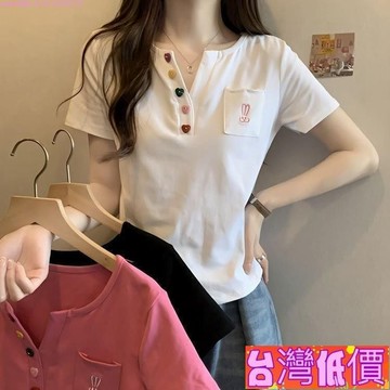 悅裳💎台灣免運💎立體裝飾短袖 設計感上衣 短袖女 T恤女 修身短袖 大碼上衣 V領T恤 上衣女 短款上衣