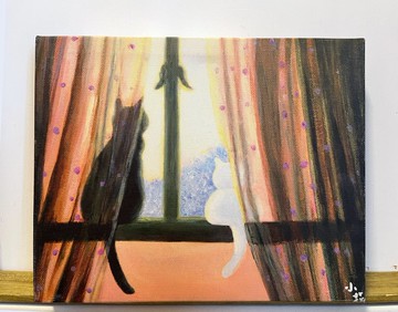 黑白貓神祕之旅插畫複製無框畫油畫布連木框