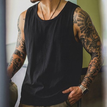 Wuluwear 美式復古純棉無袖T恤男夏季新款透氣寬鬆大尺碼運動背心外穿打底衫