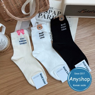 Anyshop韓國襪 可愛英文圖案中筒襪 女孩襪子 女生中筒襪 太陽花 蝴蝶結 熊熊襪 21001