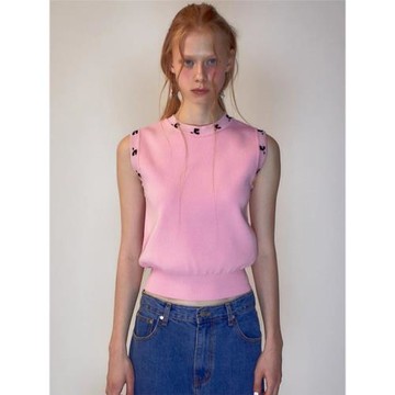 韓國restandrecreation提花LOGO針織背心女RR修身無袖短款上衣春