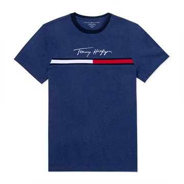 TOMMY 熱銷刺繡大Logo圖案短袖T恤-麻花藍色
