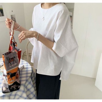 棉麻寬松休閑大碼半袖上衣2022新款亞麻襯衫女士夏季韓版襯衣
