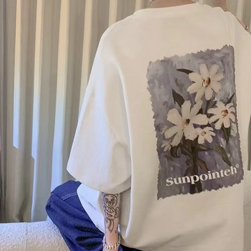 ⚡M-6XL 短袖 100%純棉 夏季潮牌短袖T恤 T恤 油畫花朵印花 潮流短袖T恤 oversized 特賣い