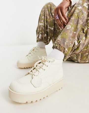 Kickers Vegan Kick hi stack boots in off white