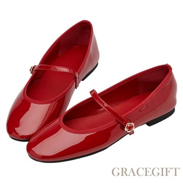 【Grace Gift】俏皮少女素面花釦芭蕾舞瑪莉珍鞋 紅漆