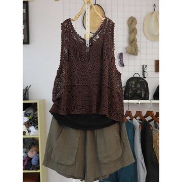 寬松鏤空套頭背心馬甲夏季文藝復古女裝棉麻針織馬夾無袖上衣薄款