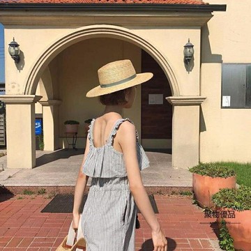 草帽女夏天小清新英倫禮帽海邊度假出游防曬遮陽帽平頂太陽沙灘帽【聚物優品】