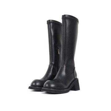 asthershop原創簡約彈力皮黑色高筒靴長筒靴子穿搭秋季女靴