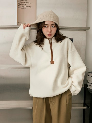輕暖搖粒絨半拉鍊撞色滾邊寬鬆上衣