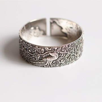 現貨+預購 純銀手環泰銀手鐲-花朵復古寬版開口情人節生日禮物女飾品73na109【獨家進口】【米蘭精品】