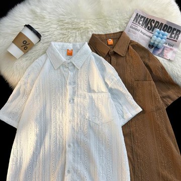 提花鏤空短袖純色襯衫男夏季痞帥潮流情侶設計感復古寬松休閑襯衣