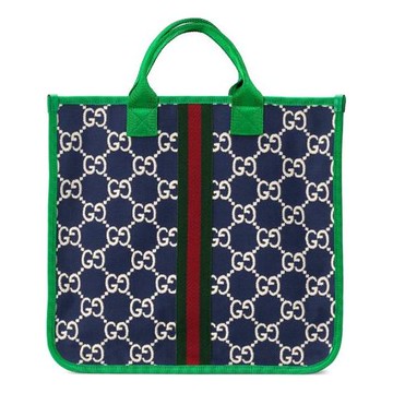 (WMNS) Gucci Logo Stripe Webbing Tote Kids Kid's Navy Blue / Green Handbag