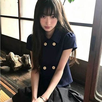 現貨秒發🚀學院風娃娃領短袖襯衫女夏季韓系雙排扣正肩短款襯衣修身顯瘦上衣VCBQ