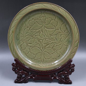 宋耀州窯刻花花紋平盤國盤手工仿古家居桌面瓷器古董古玩老貨擺件1入
