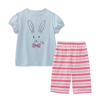 日本千趣會 - 天竺棉薄涼短袖家居服/睡衣-可愛兔-水藍x粉紅