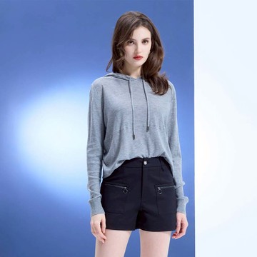 HONOR素面親膚修身剪裁針織連帽上衣-灰