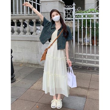 夏季韓版chic復古短款牛仔外套長吊帶連衣裙子女微胖顯瘦兩件套裝