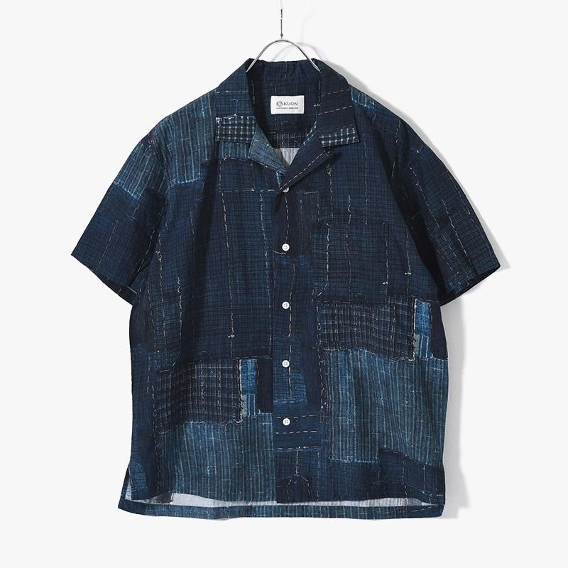 KUON クオン 半袖シャツ メンズ トップス オープンカラー 襤褸 パッチワーク サイズM-L ネイビー/紺 Boro Printed Camp  Collar Shirt -NAVY- _FAIR | LINEブランドカタログ