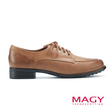 MAGY 蠟感綁帶真皮低跟牛津鞋 棕色 #14791