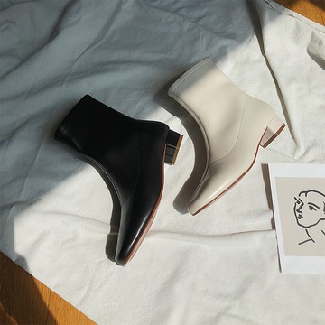 冬哥家】白色瘦瘦靴短靴女春秋單靴低跟方頭粗跟法式裸靴中筒顯瘦