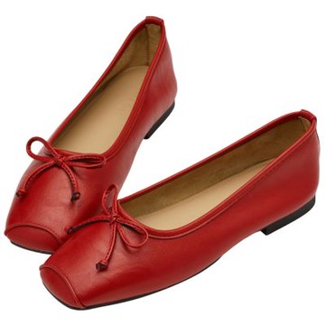 【Grace Gift】小女孩方頭蝴蝶結平底娃娃鞋 深紅