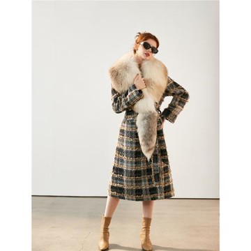 貍毛羊毛中長款草外套冬呢子大衣