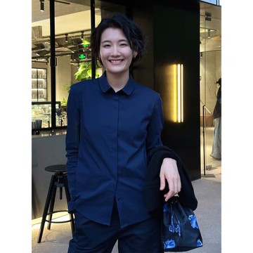 周浪清 高級感藏青色小領襯衫女職業通勤女裝棉質長袖上衣白襯衣