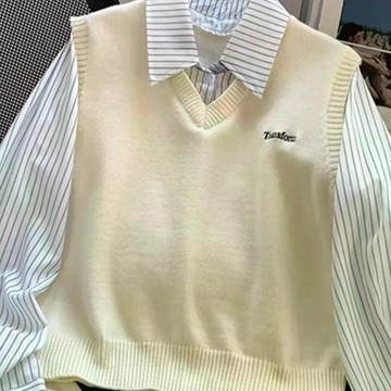 灰色針織毛衣背心拼接假兩件條紋襯衫女韓系穿搭Polo開衫上衣春季